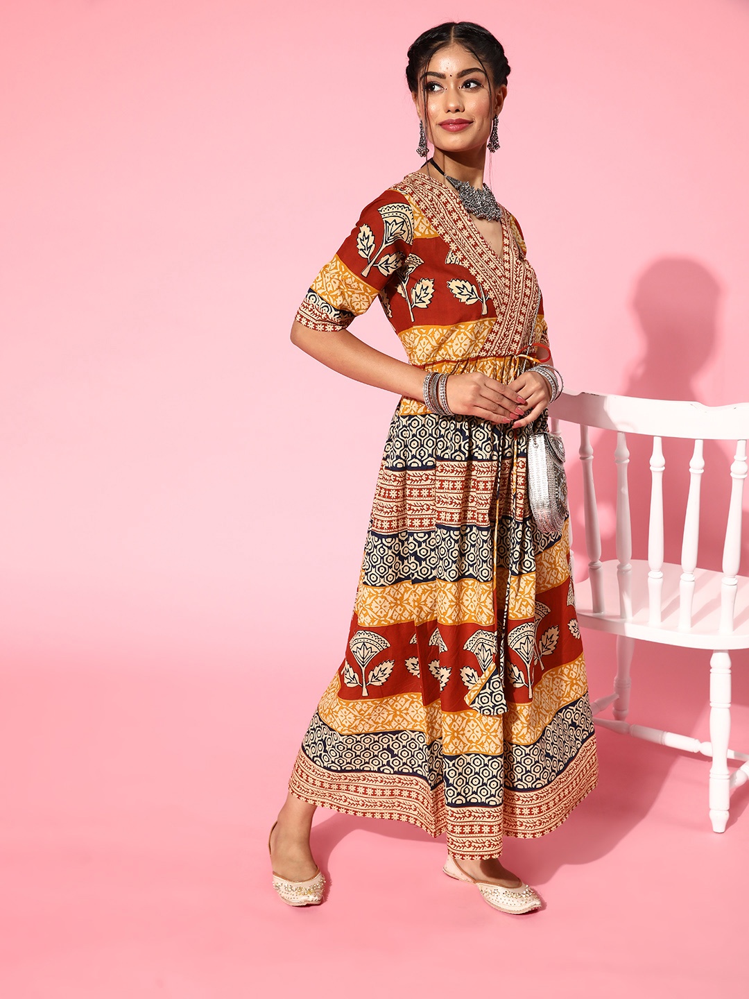 

mokshi Women Beige Tribal Print Parade Dress