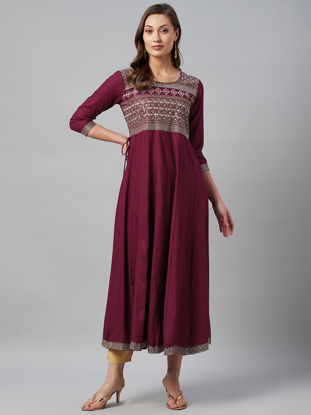 

HIGHLIGHT FASHION EXPORT Women Maroon & Silver Ethnic Motifs Embroidered Anarkali Kurta