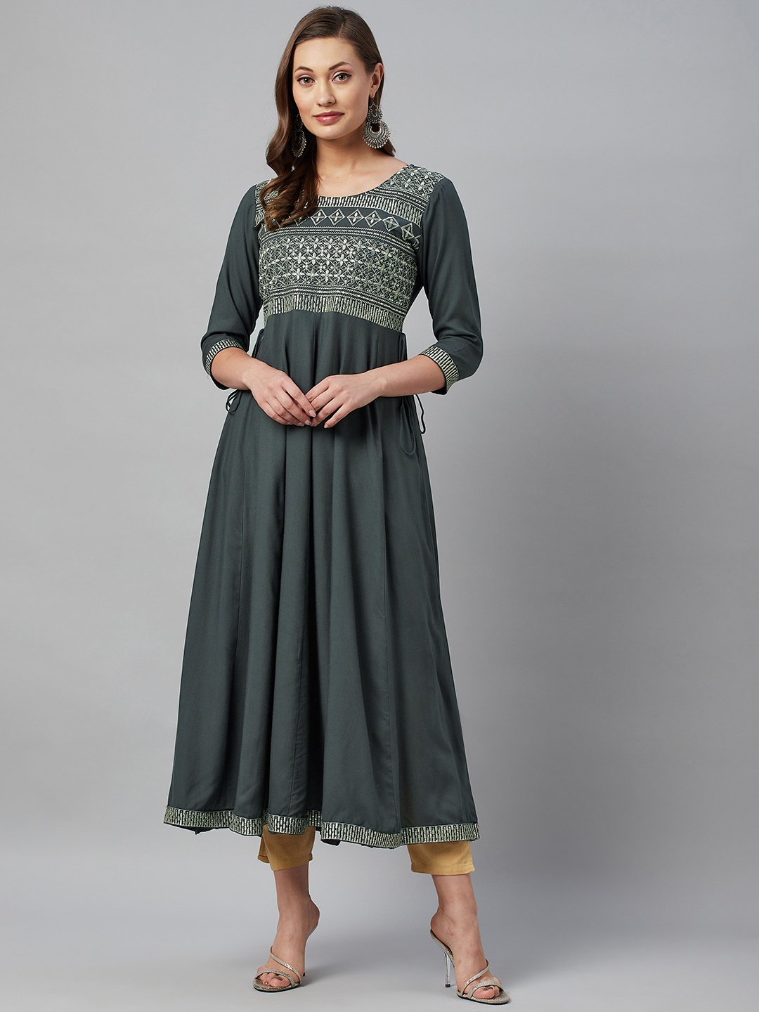 

HIGHLIGHT FASHION EXPORT Women Charcoal Grey Ethnic Motifs Embroidered Anarkali Kurta