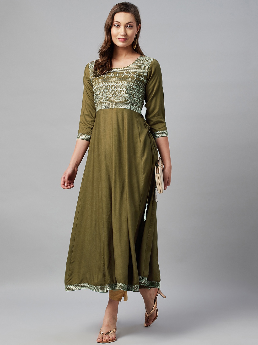 

HIGHLIGHT FASHION EXPORT Women Olive Green Ethnic Motifs Embroidered Anarkali Kurta