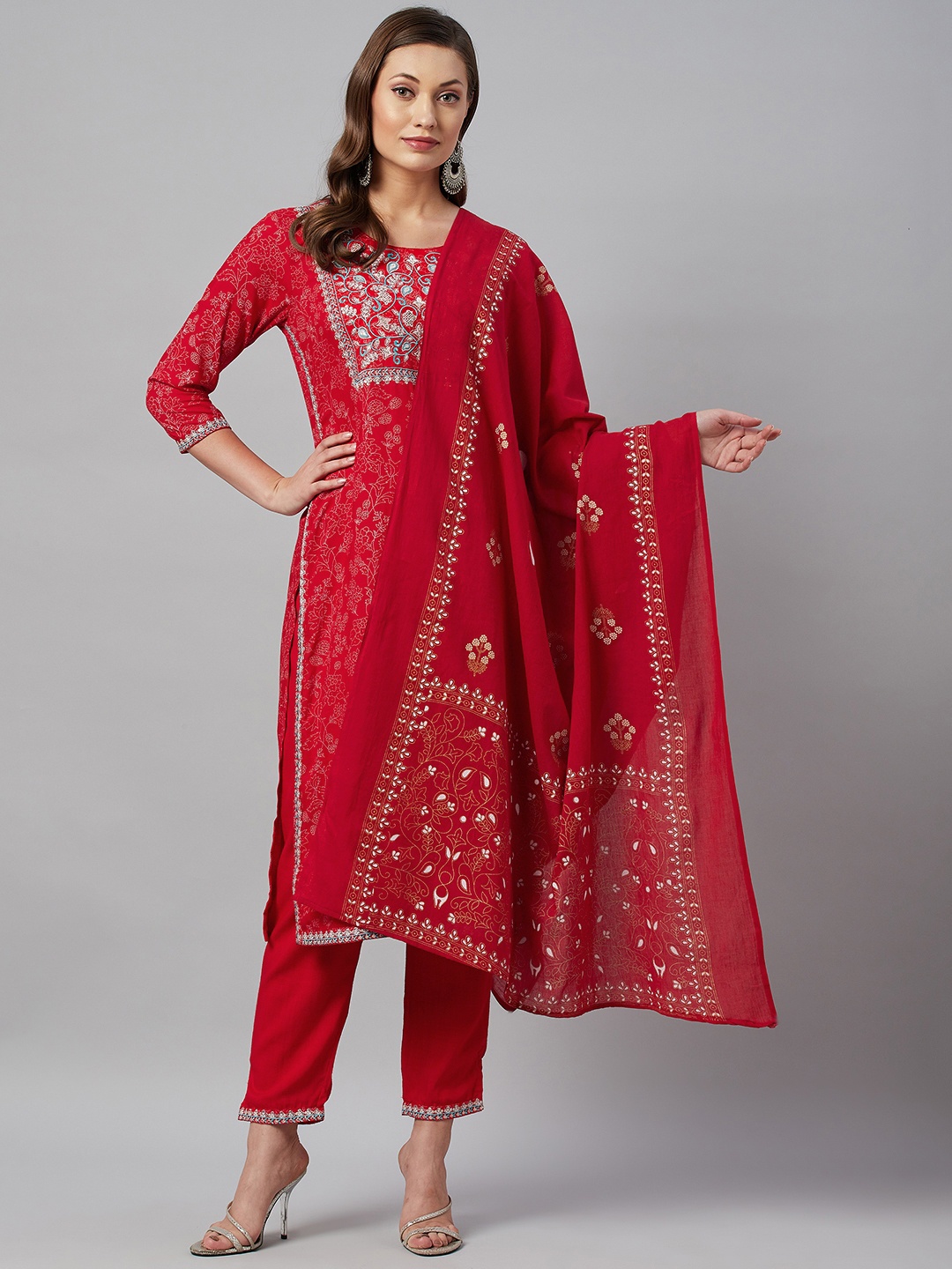 

HIGHLIGHT FASHION EXPORT Women Red Ethnic Motifs Kurta with Trousers & Dupatta