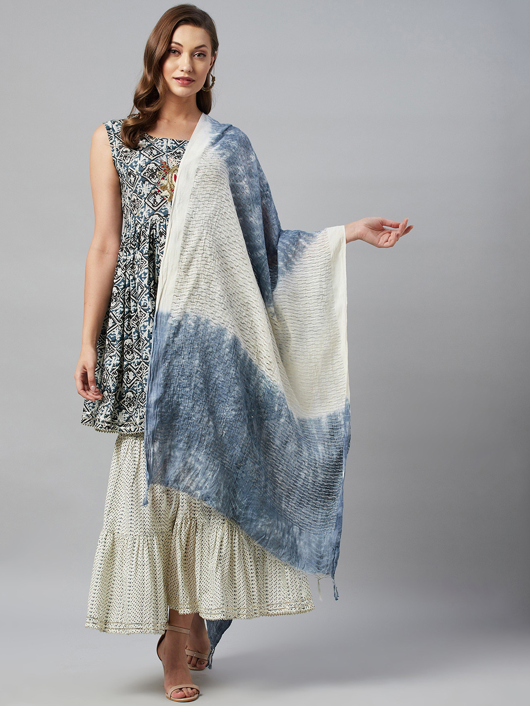 

HIGHLIGHT FASHION EXPORT Women Grey Ethnic Motifs Pure Cotton Kurta with Sharara & Dupatta
