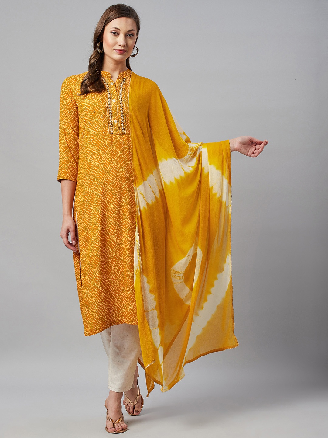 

HIGHLIGHT FASHION EXPORT Women Mustard Yellow Bandhani Kurta with Trousers & Dupatta