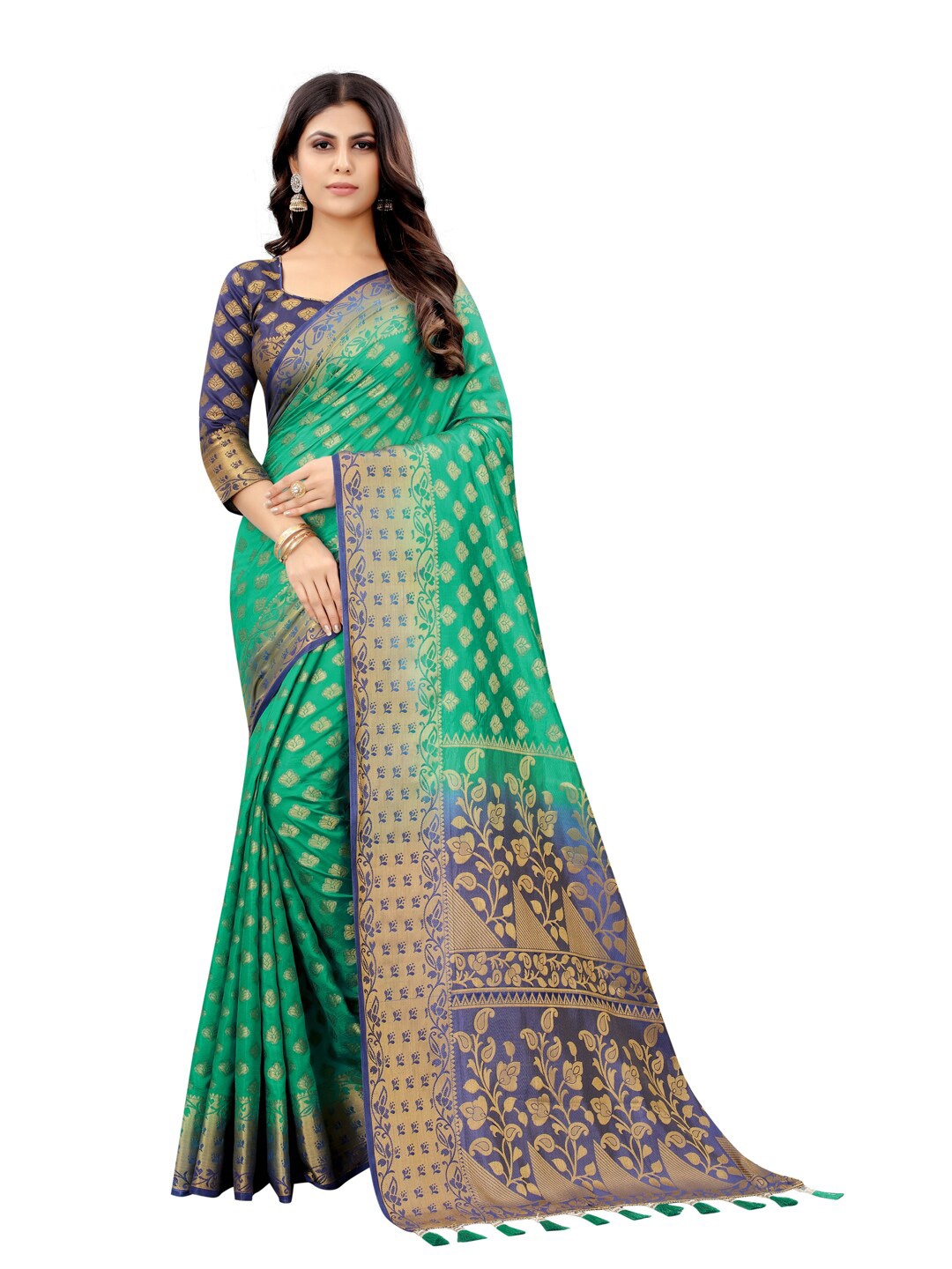 

PERFECT WEAR Teal Green & Navy Blue Ethnic Motifs Silk Cotton Banarasi Saree