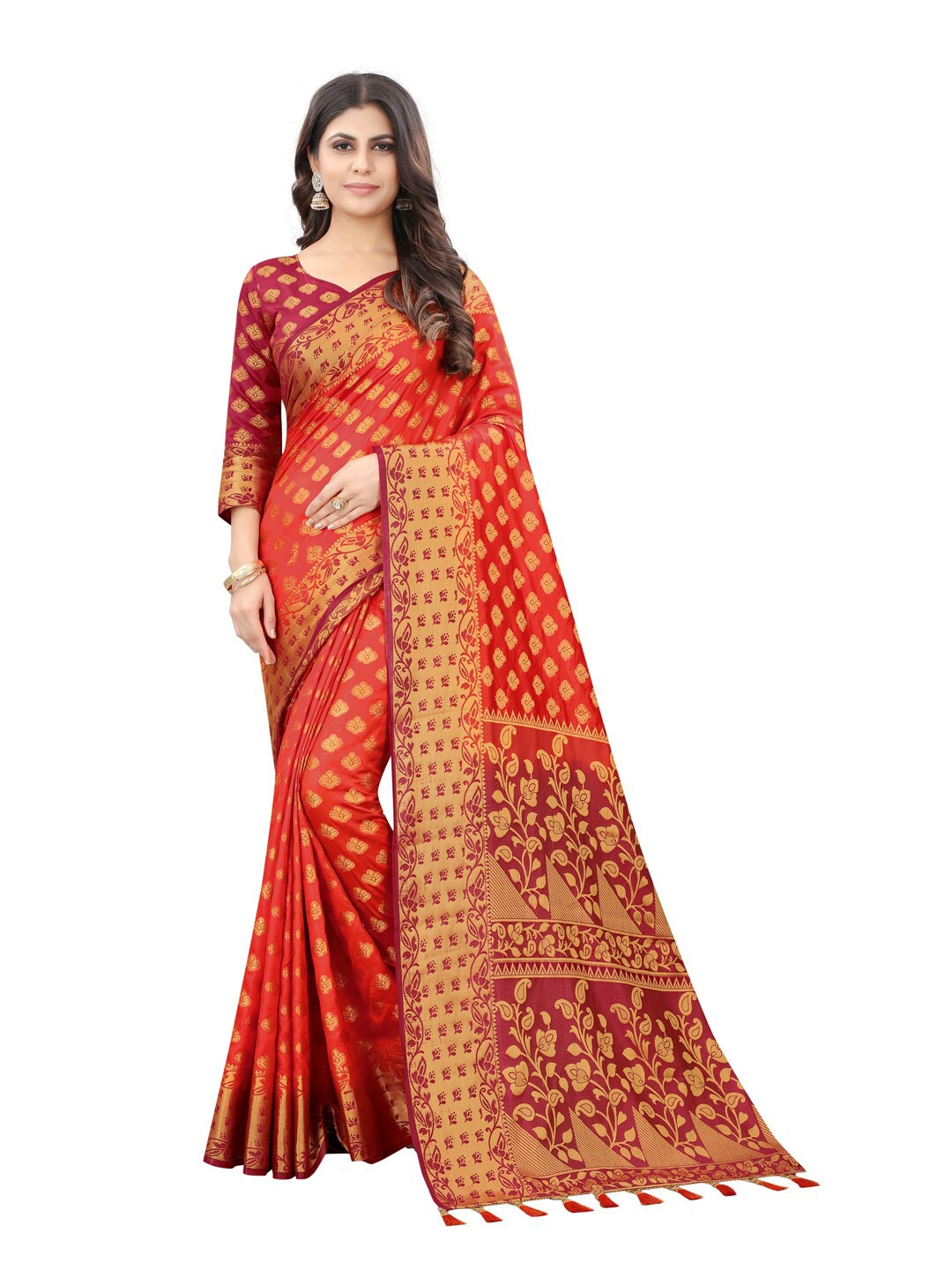 

PERFECT WEAR Rust & Red Floral Zari Silk Cotton Banarasi Saree