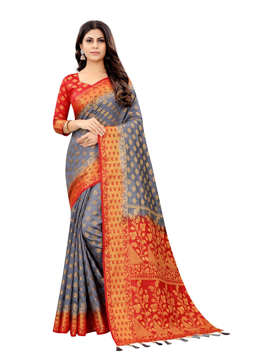 

PERFECT WEAR Grey & Red Woven Design Zari Silk Cotton Banarasi Saree