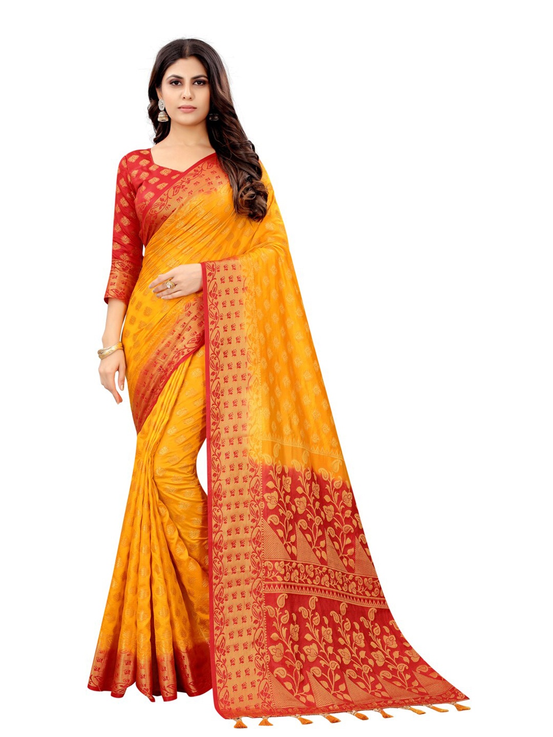 

PERFECT WEAR Mustard & Red Woven Design Zari Silk Cotton Banarasi Saree