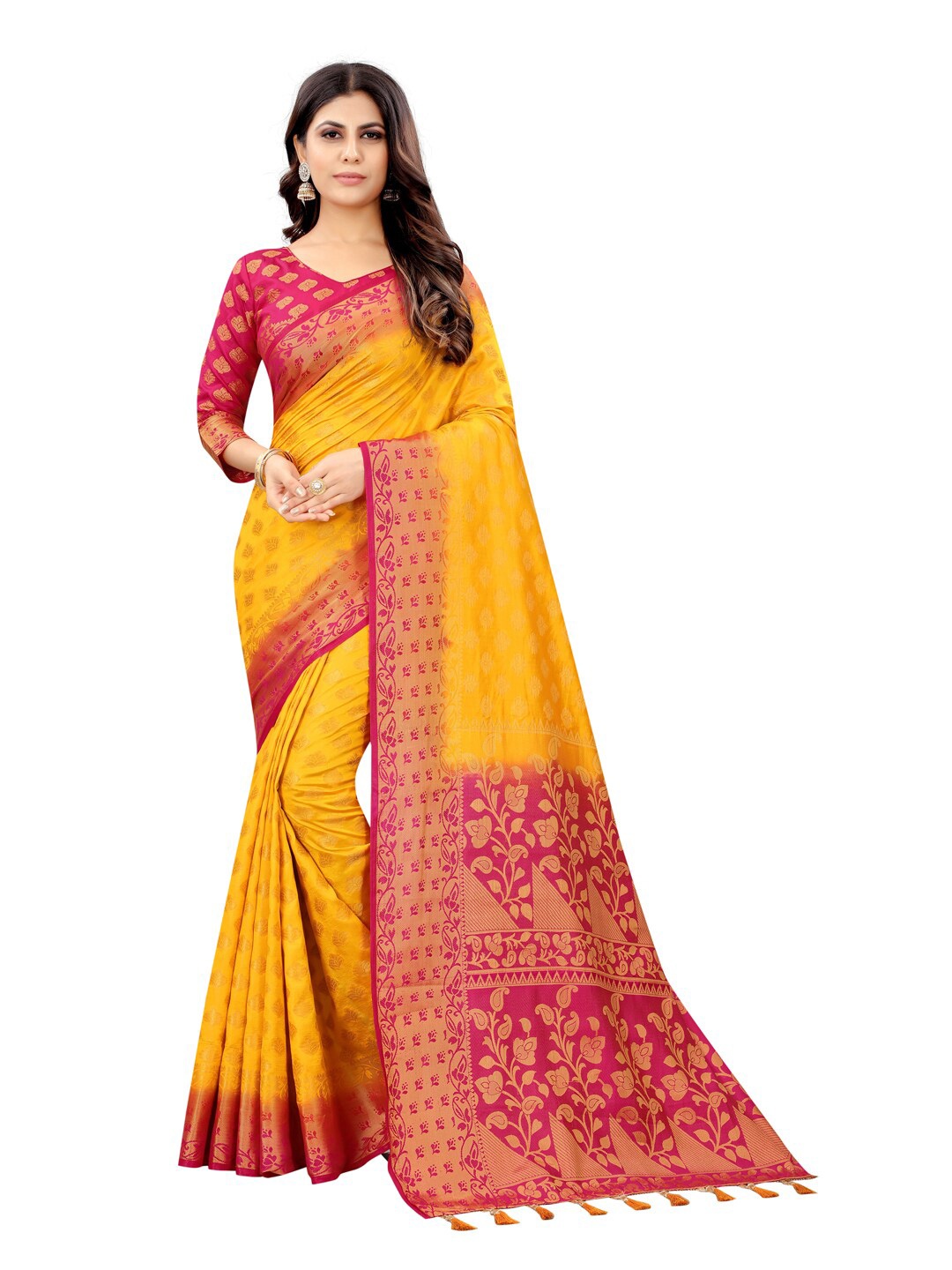 

PERFECT WEAR Yellow & Pink Woven Design Zari Silk Cotton Banarasi Saree