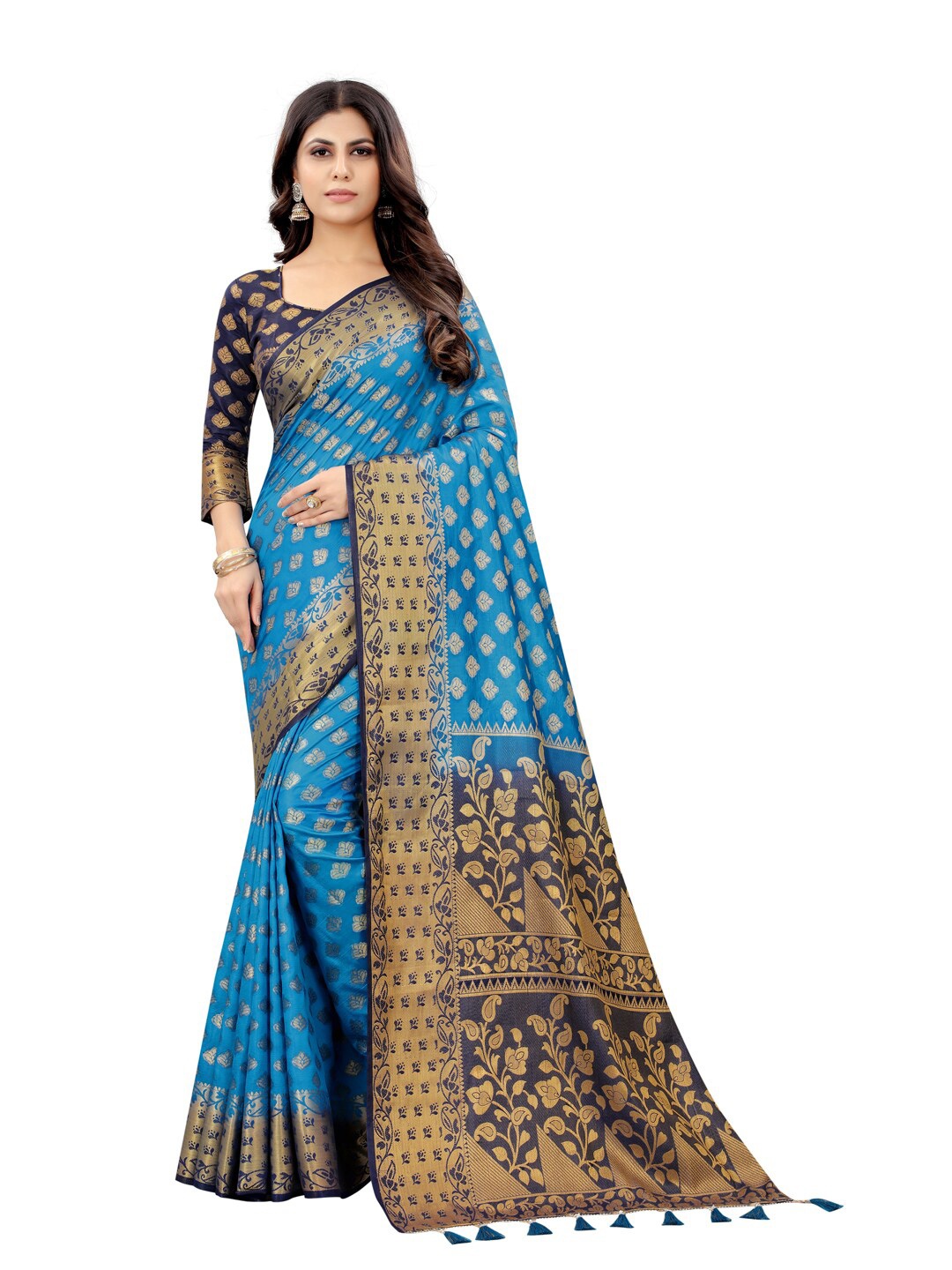 

PERFECT WEAR Navy Blue & Gold-Toned Woven Design Zari Silk Cotton Banarasi Saree