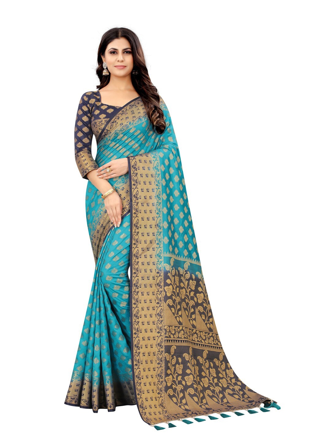 

PERFECT WEAR Blue & Gold-Toned Ethnic Motifs Zari Silk Cotton Banarasi Saree