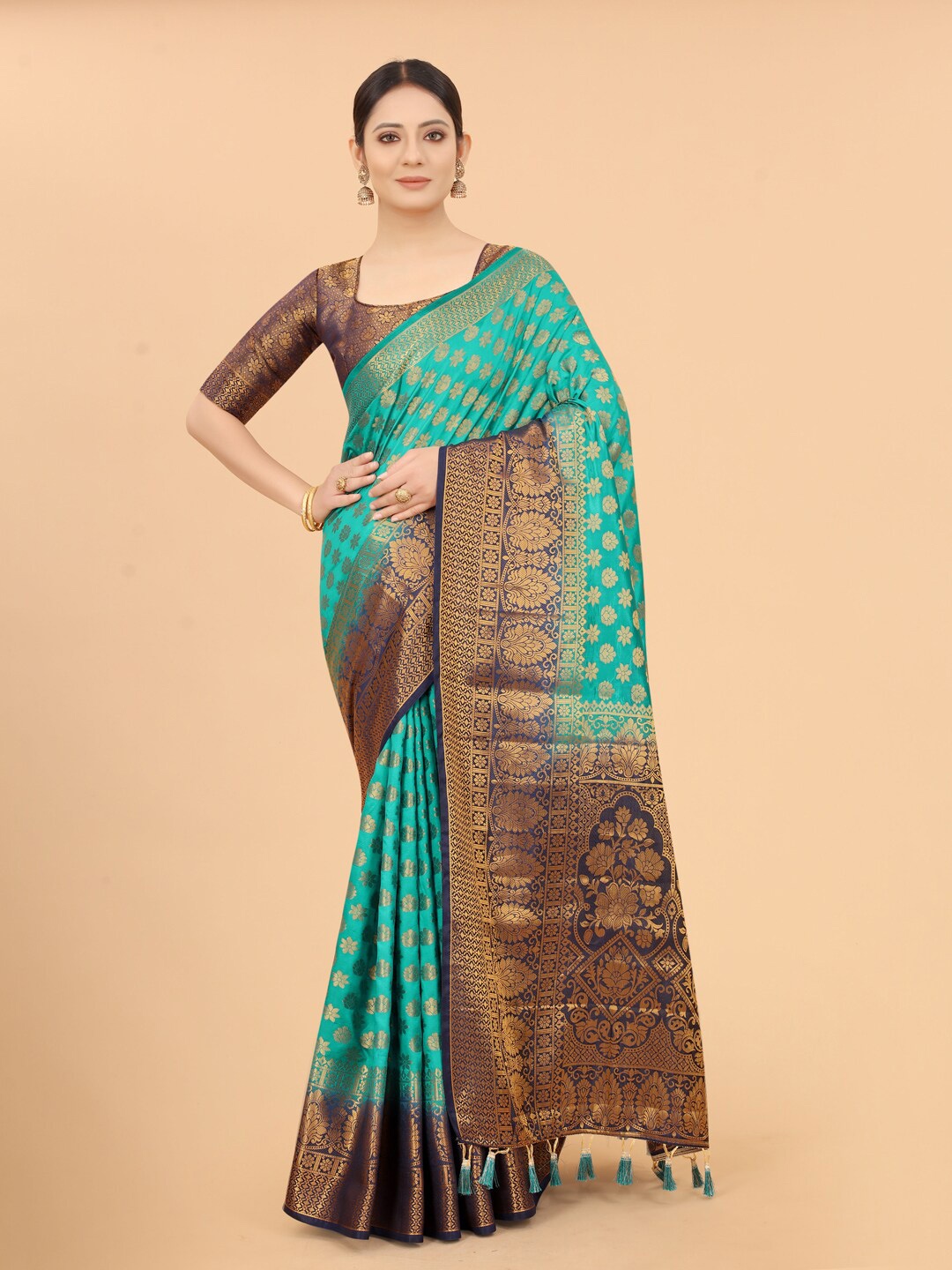 

PERFECT WEAR Navy Blue & Green Woven Design Banarasi Saree