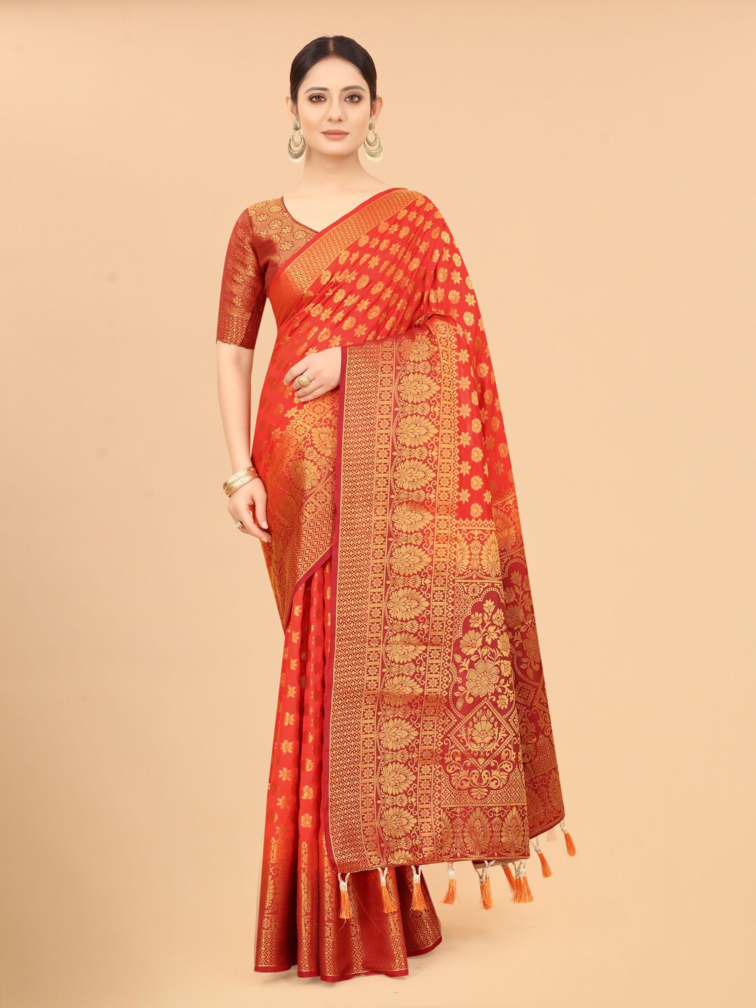 

PERFECT WEAR Rust & Golden Ethnic Motifs Silk Cotton Banarasi Saree