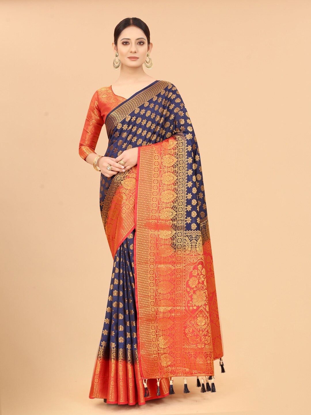 

PERFECT WEAR Navy Blue & Orange Woven Design Zari Silk Cotton Banarasi Saree