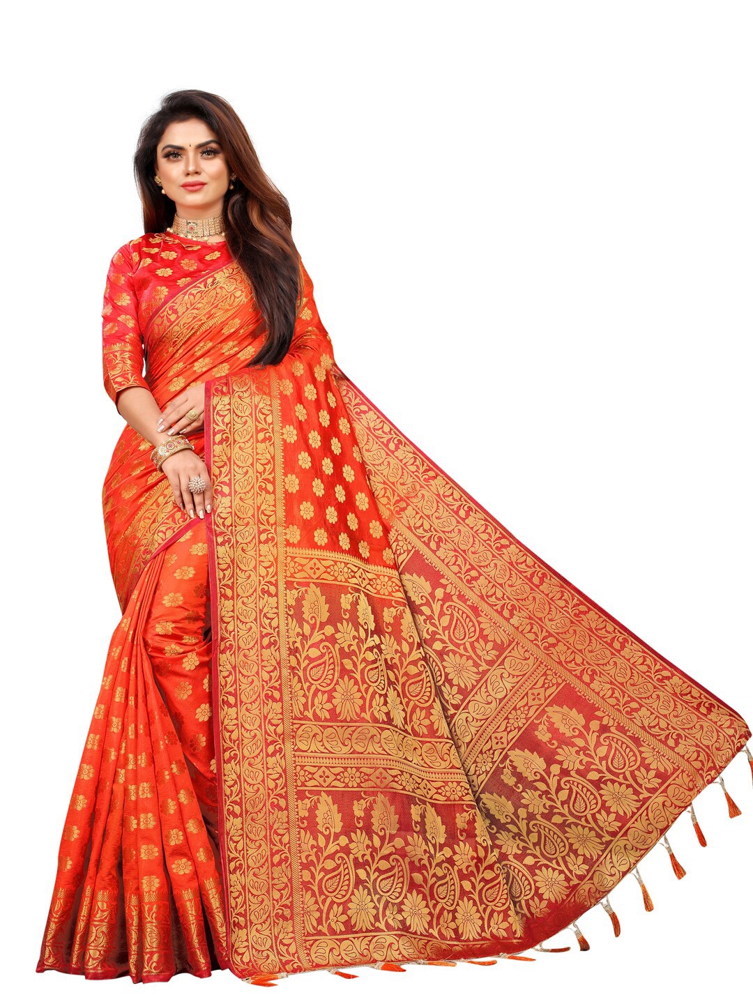 

PERFECT WEAR Red & Gold-Toned Ethnic Motifs Silk Cotton Banarasi Saree