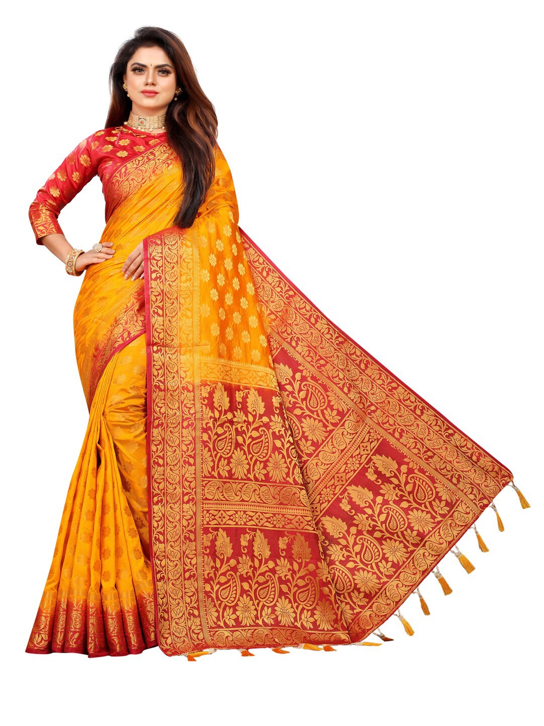 

PERFECT WEAR Yellow & Red Woven Design Zari Silk Cotton Banarasi Saree