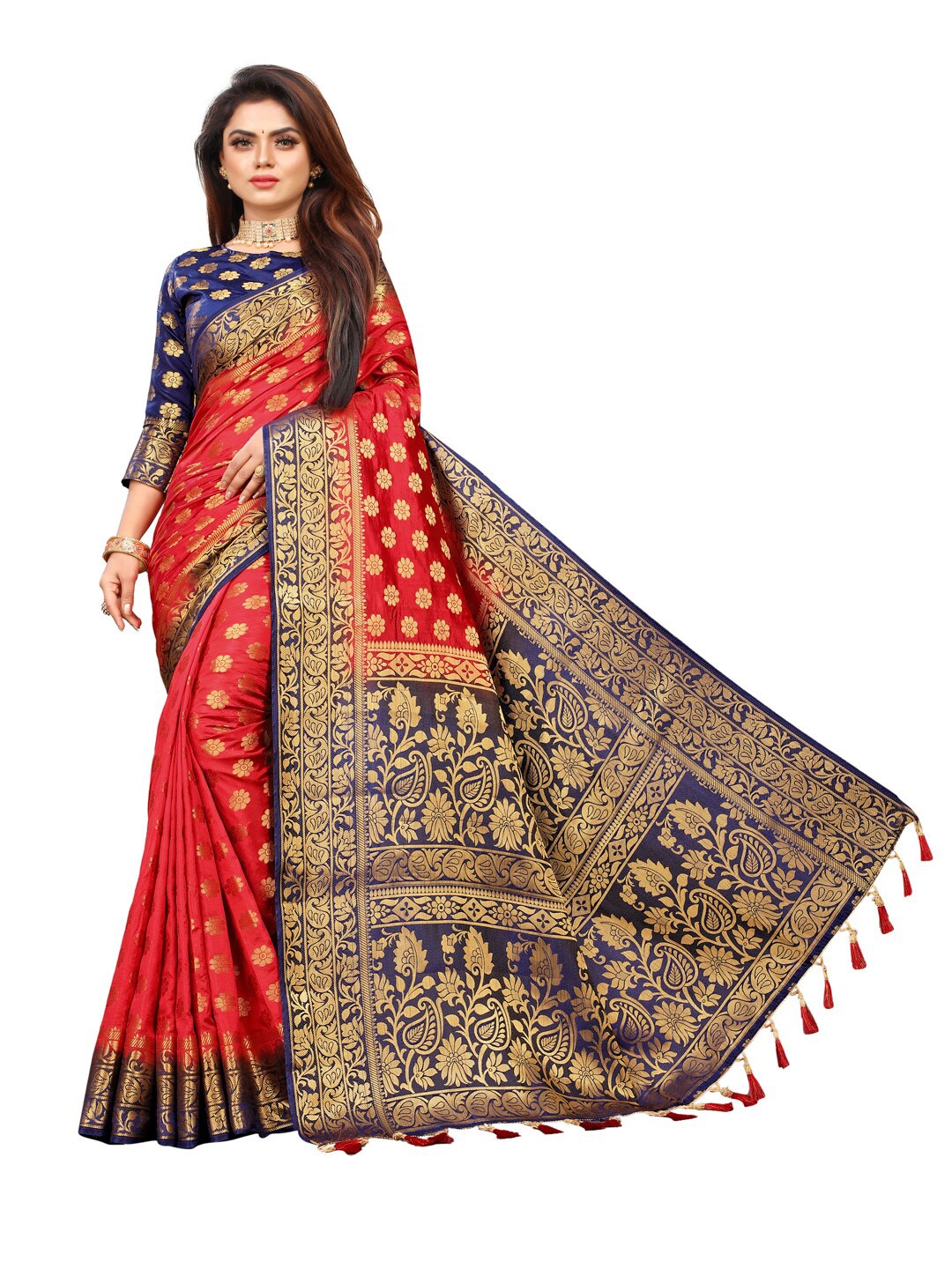 

PERFECT WEAR Red & Blue Woven Design Zari Silk Cotton Banarasi Saree