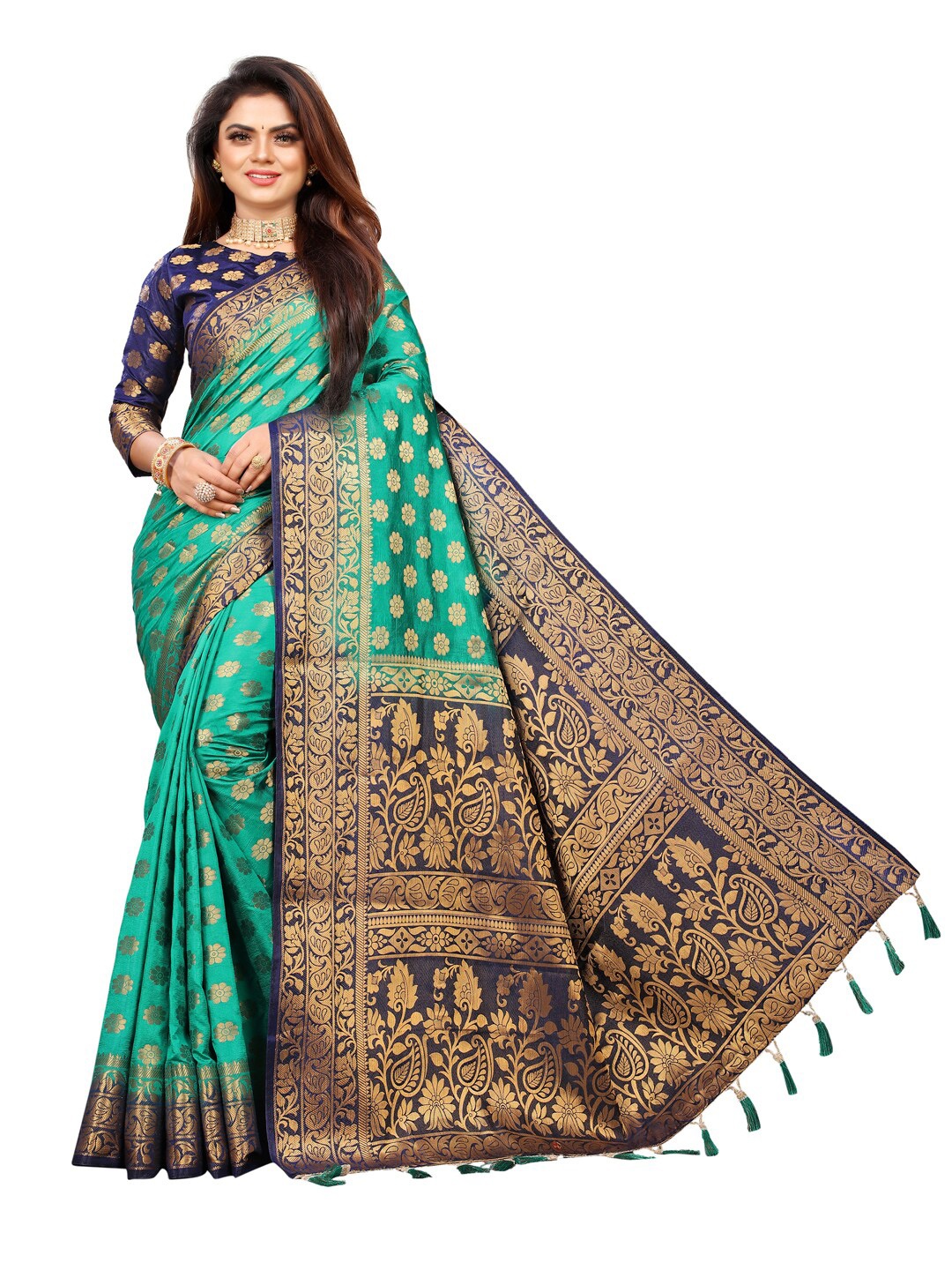 

PERFECT WEAR Navy Blue & Green Ethnic Motifs Zari Silk Cotton Banarasi Saree