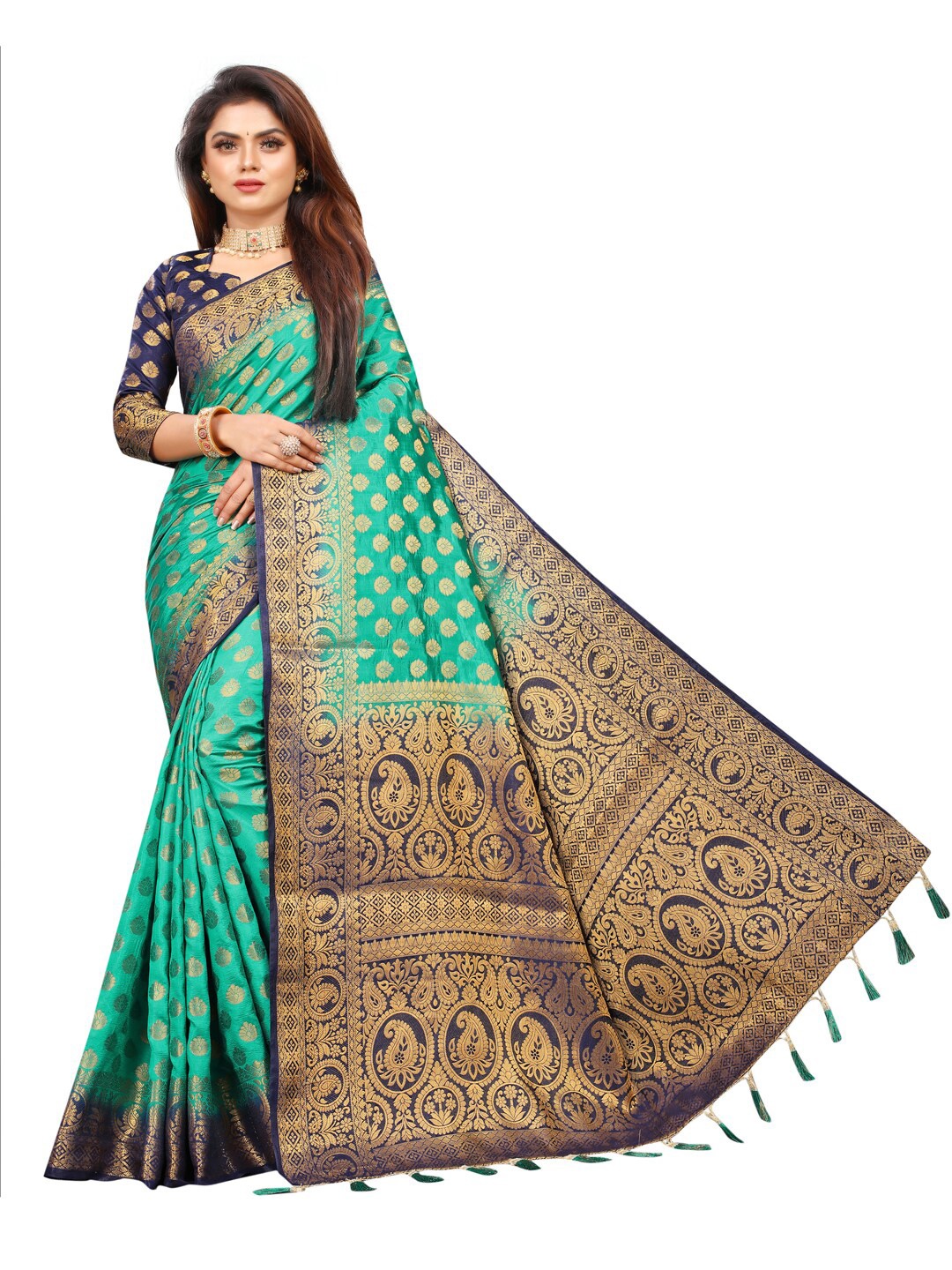 

PERFECT WEAR Teal & Navy Blue Woven Design Zari Silk Cotton Banarasi Saree