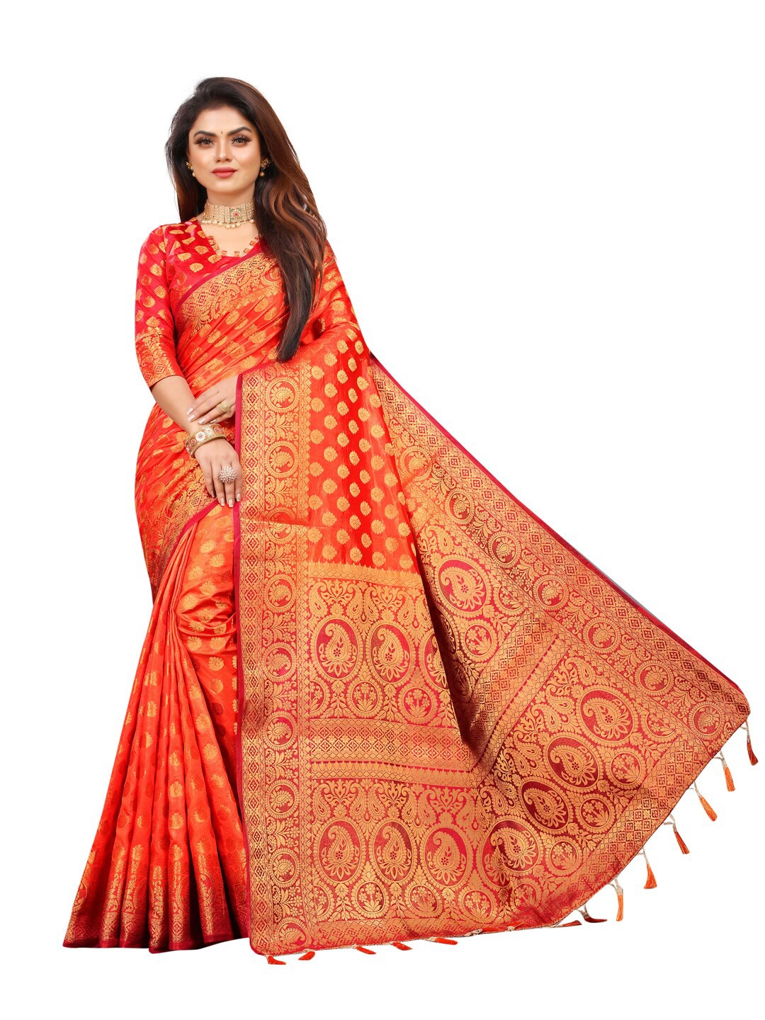 

PERFECT WEAR Red & Rust Ethnic Motifs Zari Silk Cotton Banarasi Saree