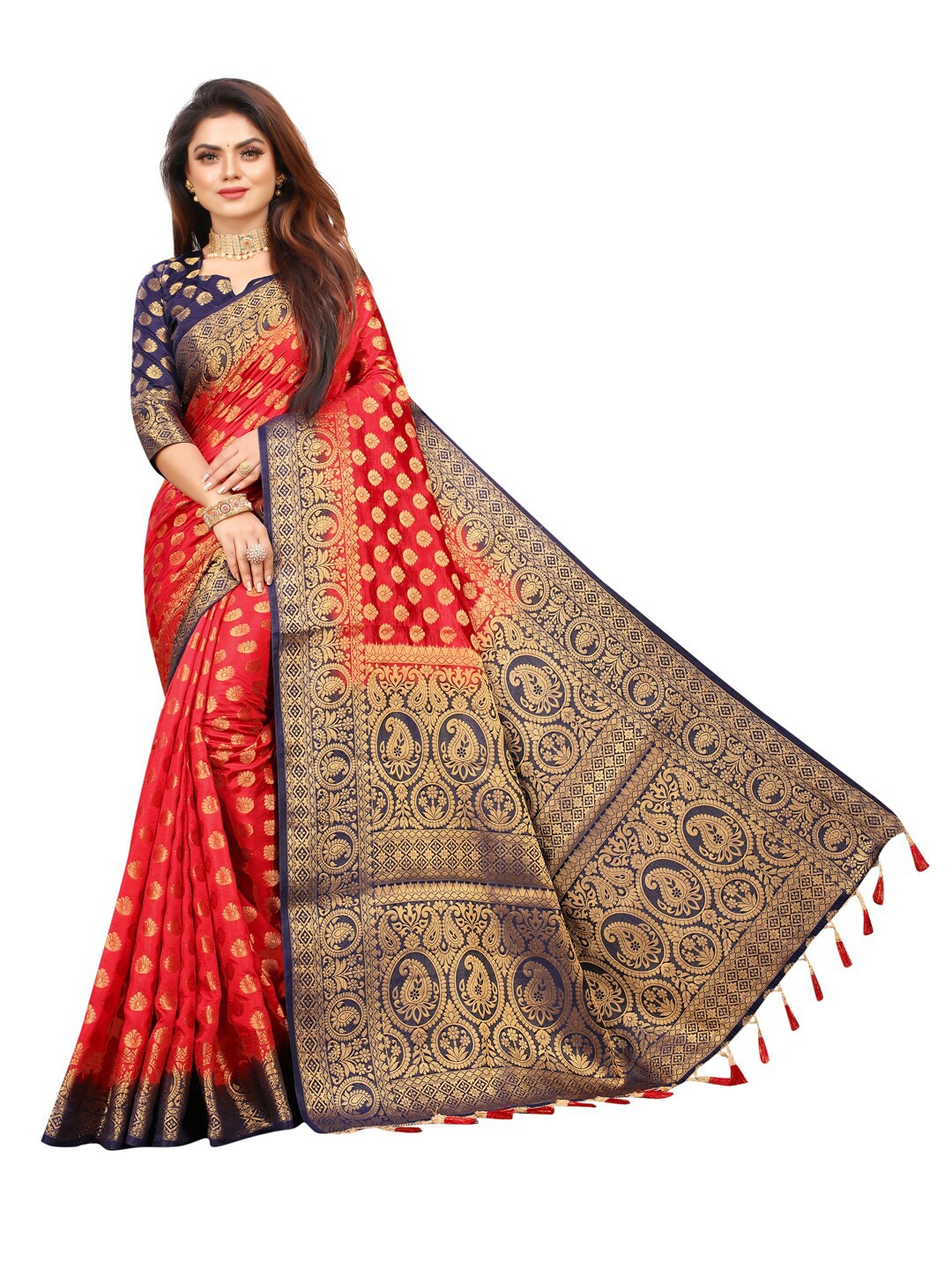 

PERFECT WEAR Red & Navy Blue Woven Design Zari Silk Cotton Banarasi Saree