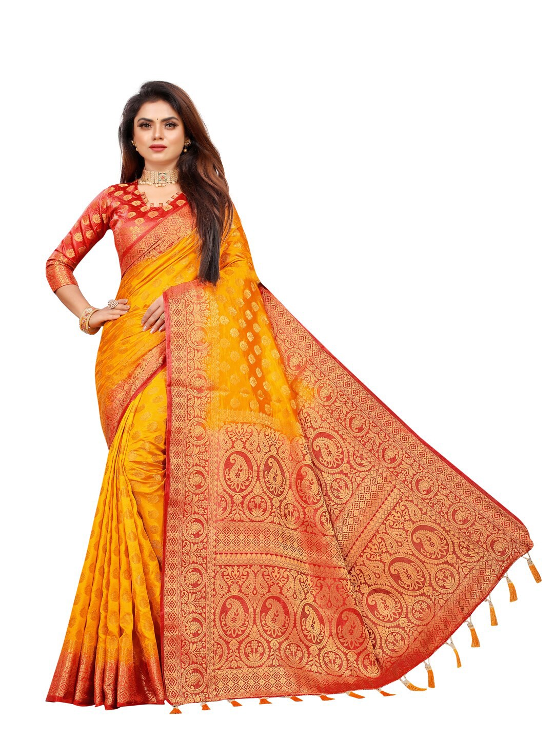 

PERFECT WEAR Yellow & Red Woven Design Zari Silk Cotton Banarasi Saree