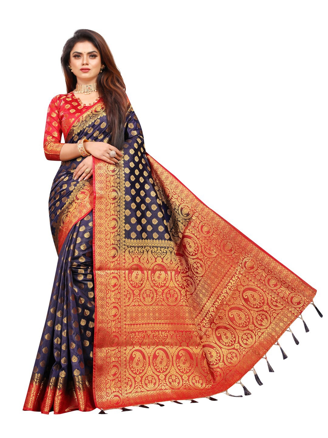 

PERFECT WEAR Blue & Red Ethnic Motifs Zari Silk Cotton Banarasi Saree