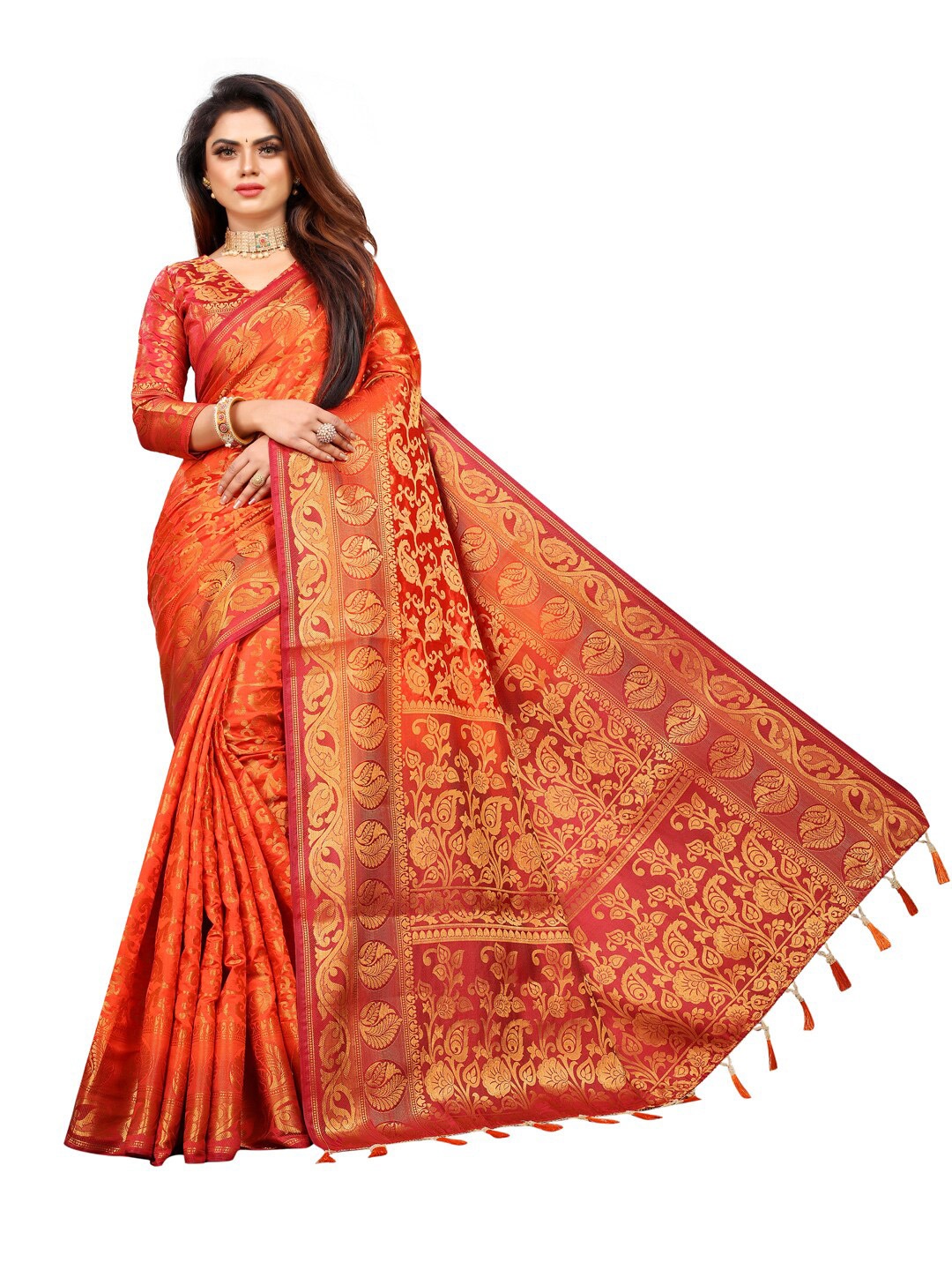 

PERFECT WEAR Rust & Red Woven Design Zari Silk Cotton Banarasi Saree