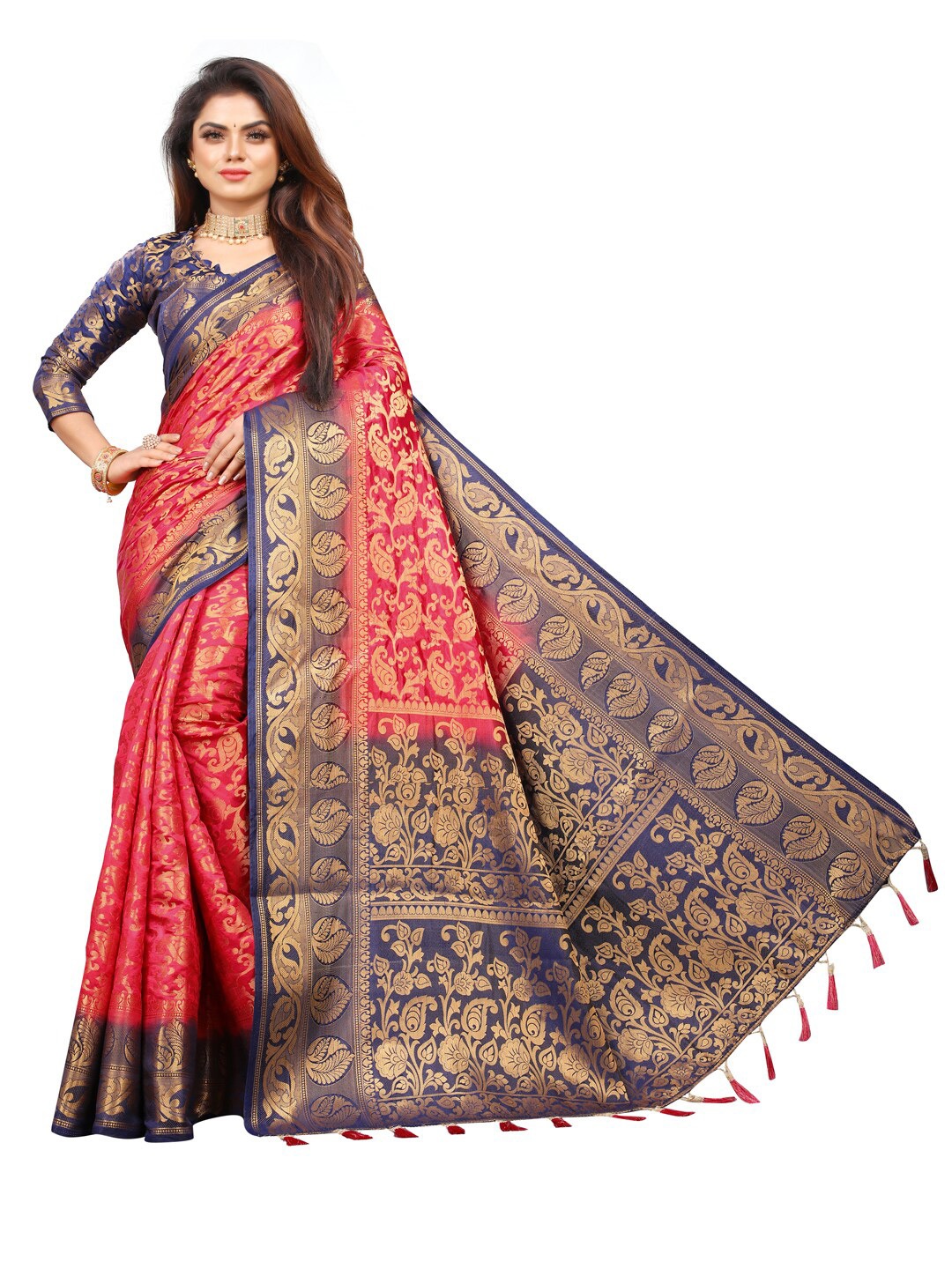 

PERFECT WEAR Fuchsia & Navy Blue Paisley Zari Silk Cotton Banarasi Saree