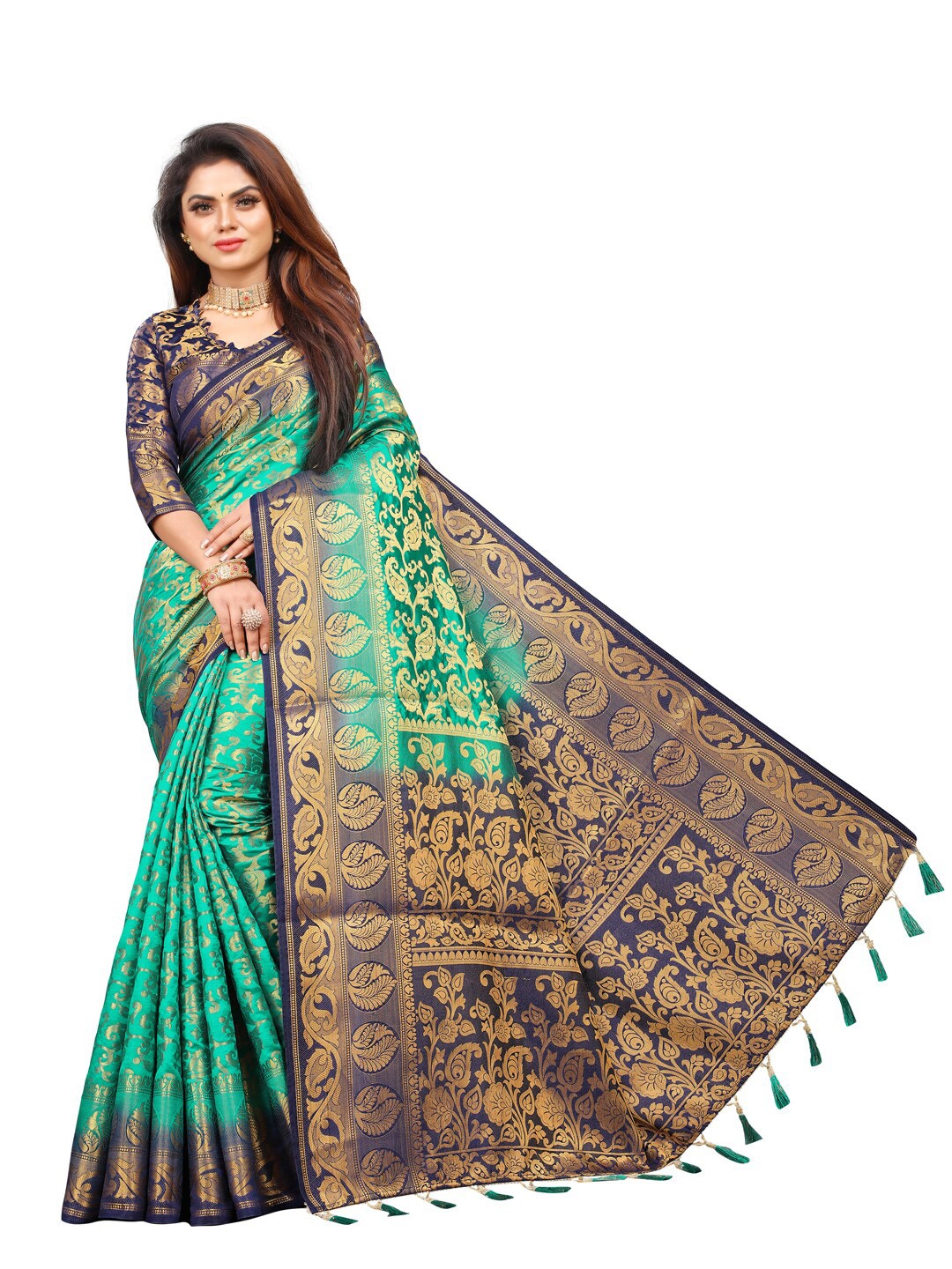 

PERFECT WEAR Navy Blue & Green Ethnic Motifs Zari Silk Cotton Banarasi Saree