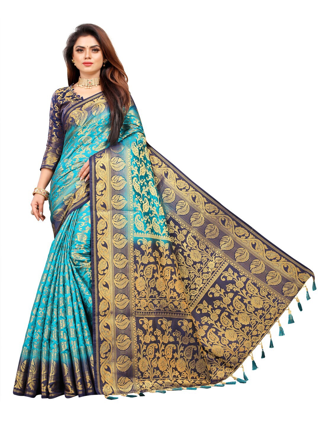 

PERFECT WEAR Blue & Navy Blue Woven Design Zari Silk Cotton Banarasi Saree