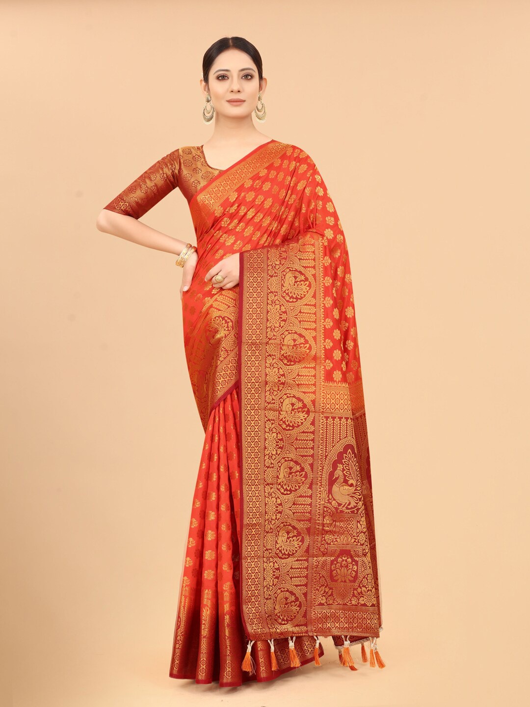 

PERFECT WEAR Rust & Golden Ethnic Motifs Zari Silk Cotton Banarasi Saree