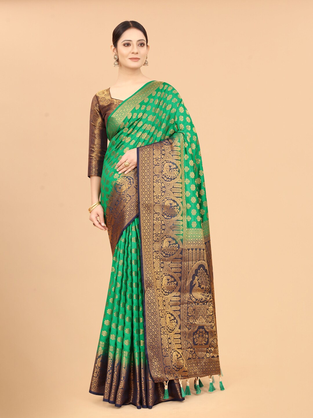 

PERFECT WEAR Green & Navy Blue Woven Design Zari Silk Cotton Banarasi Saree