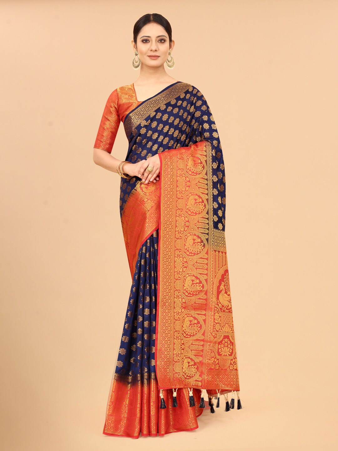 

PERFECT WEAR Navy Blue & Red Ethnic Motifs Zari Silk Cotton Banarasi Saree
