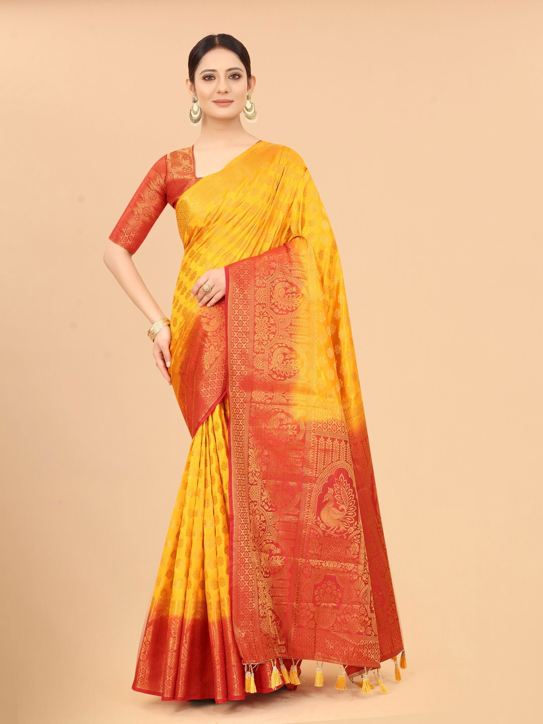 

PERFECT WEAR Mustard & Red Woven Design Zari Silk Cotton Banarasi Saree