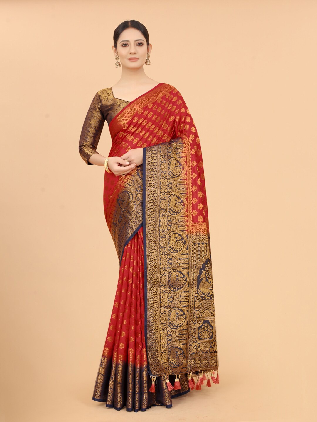 

PERFECT WEAR Red & Navy Blue Woven Design Zari Silk Cotton Banarasi Saree