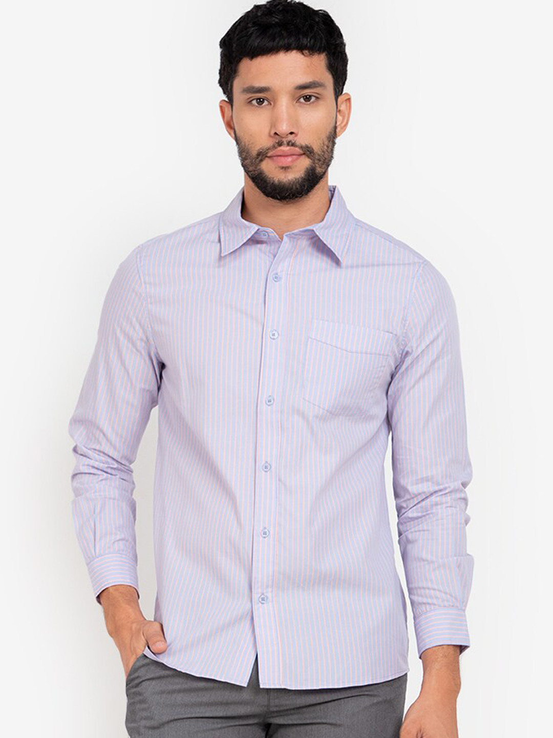 

ZALORA BASICS Men Lavender Pure Cotton Striped Casual Shirt