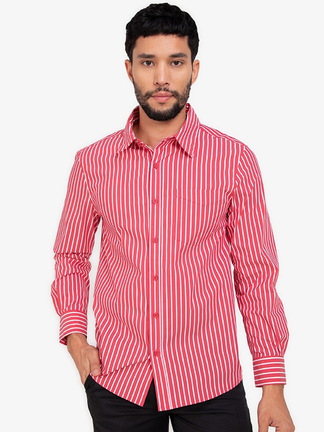 

ZALORA BASICS Men Red & White Striped Pure Cotton Casual Shirt