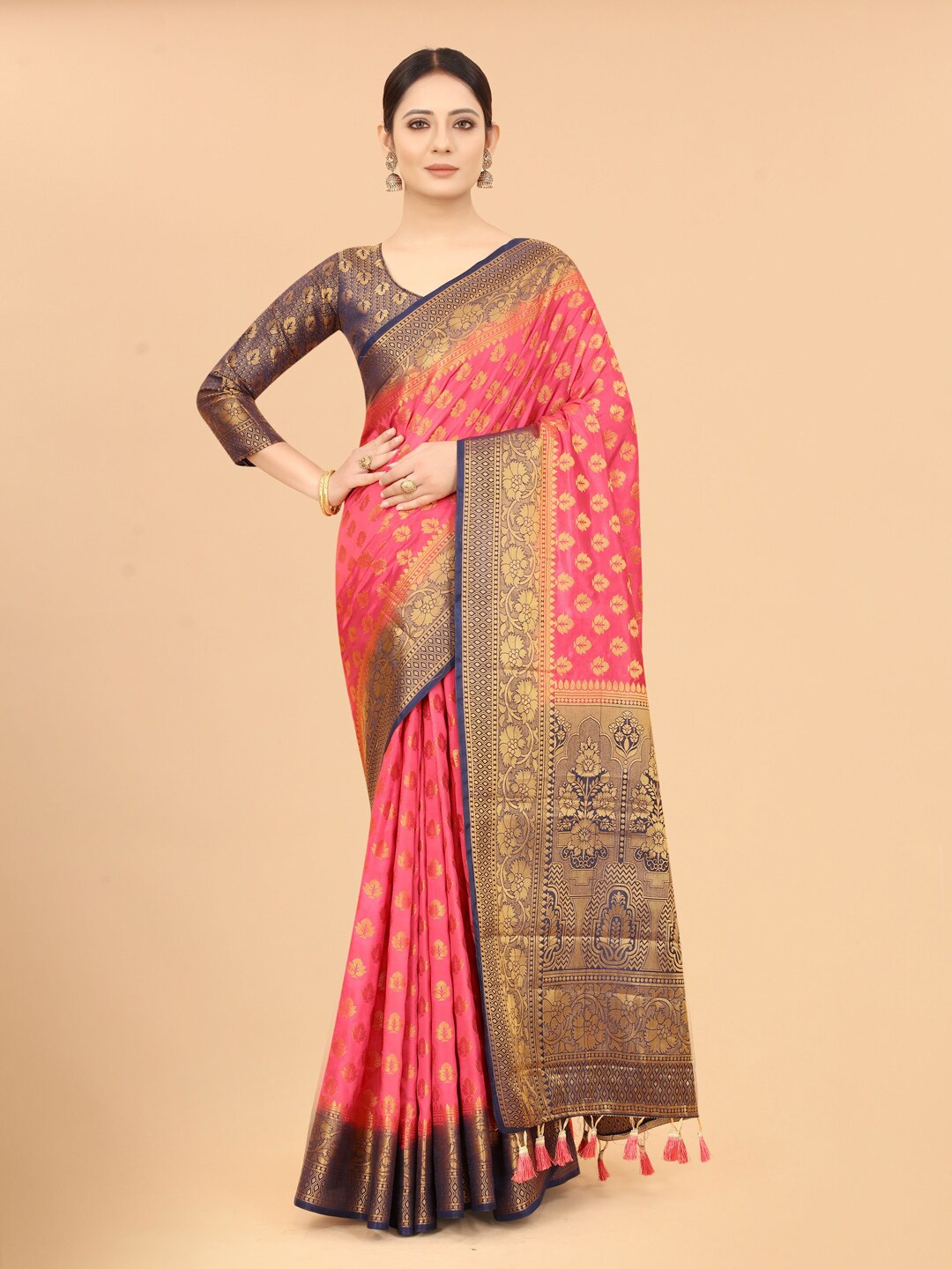 

PERFECT WEAR Pink & Navy Blue Woven Design Zari Silk Cotton Banarasi Saree