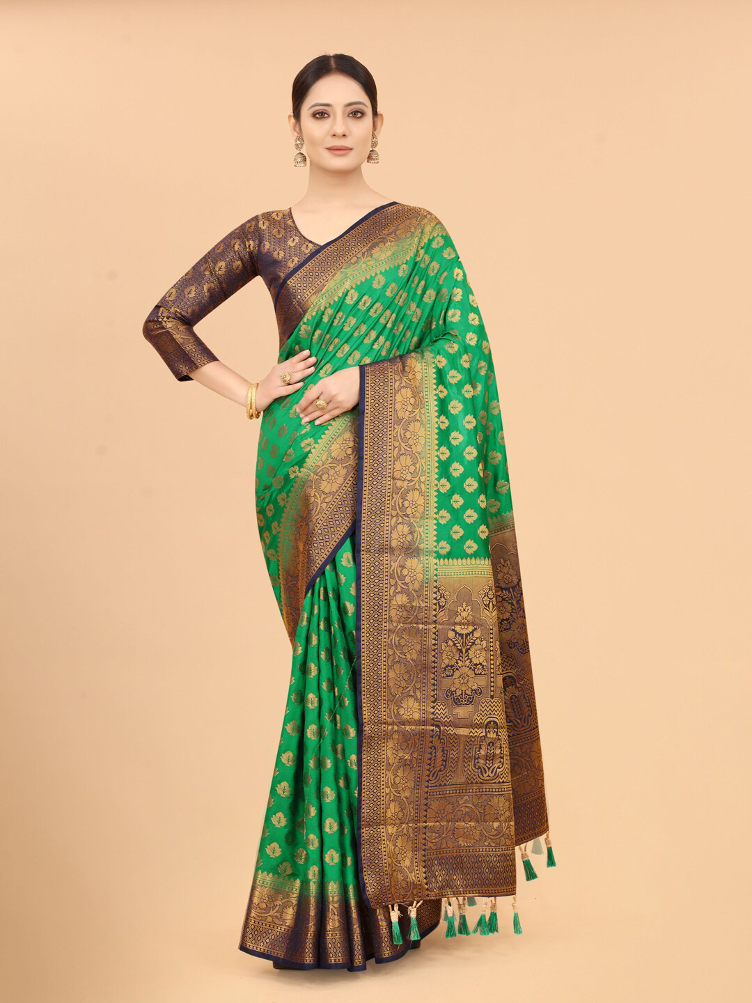 

PERFECT WEAR Green & Navy Blue Ethnic Motifs Zari Silk Cotton Banarasi Saree