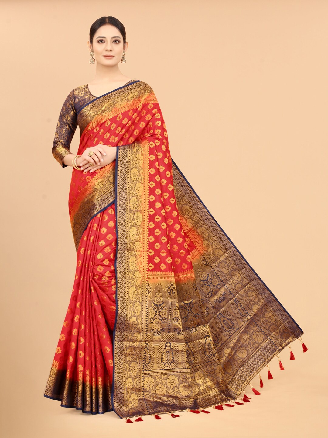 

PERFECT WEAR Red & Navy Blue Ethnic Motifs Zari Silk Cotton Banarasi Saree