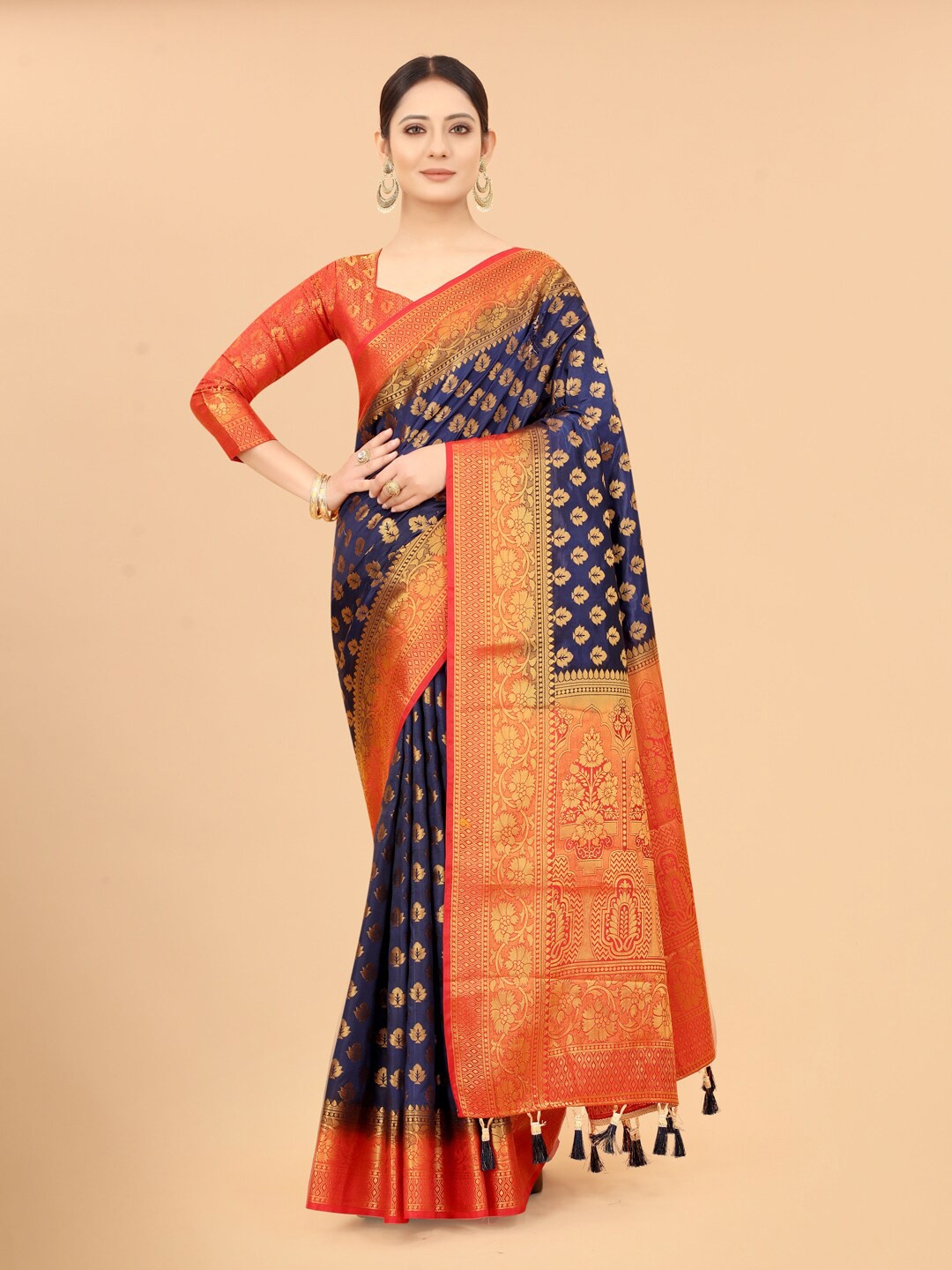 

PERFECT WEAR Navy Blue & Red Woven Design Zari Silk Cotton Banarasi Saree