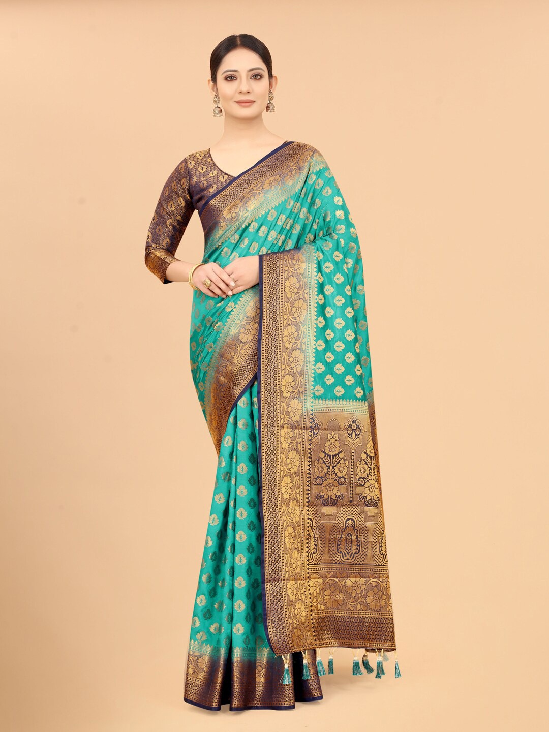 

PERFECT WEAR Green & Navy Blue Woven Design Zari Silk Cotton Banarasi Saree