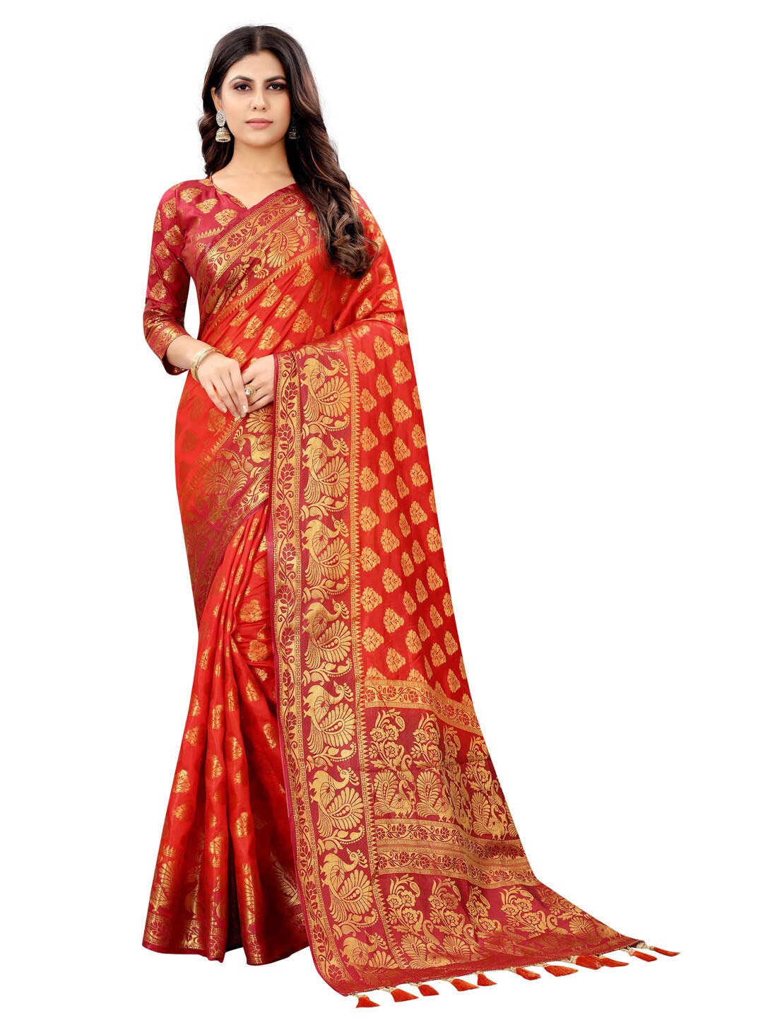 

PERFECT WEAR Maroon & Pink Ethnic Motifs Zari Silk Cotton Banarasi Saree