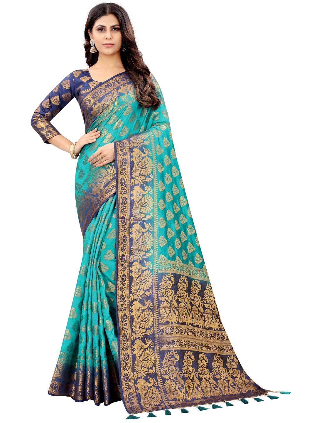 

PERFECT WEAR Navy Blue & Gold-Toned Woven Design Banarasi Saree