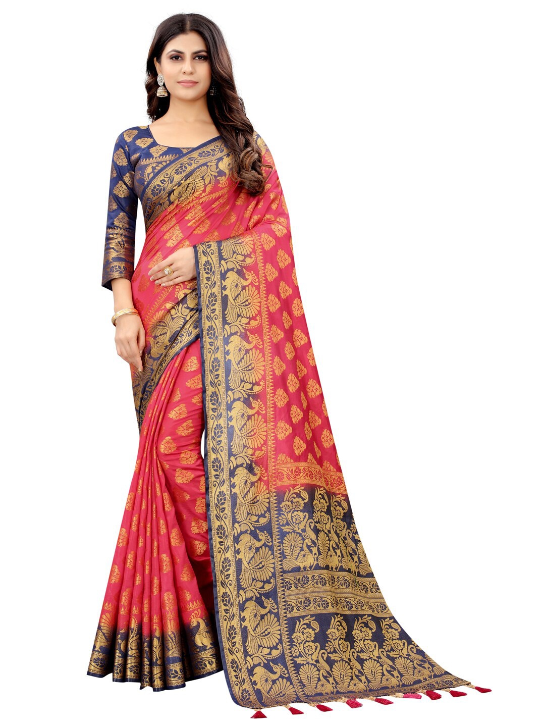 

PERFECT WEAR Magenta & Navy Blue Ethnic Motifs Zari Banarasi Saree