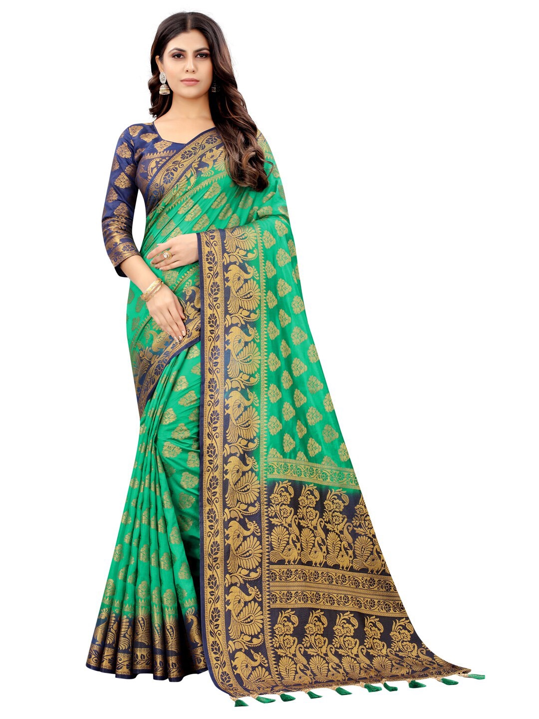 

PERFECT WEAR Green & Navy Blue Ethnic Motifs Zari Silk Cotton Banarasi Saree