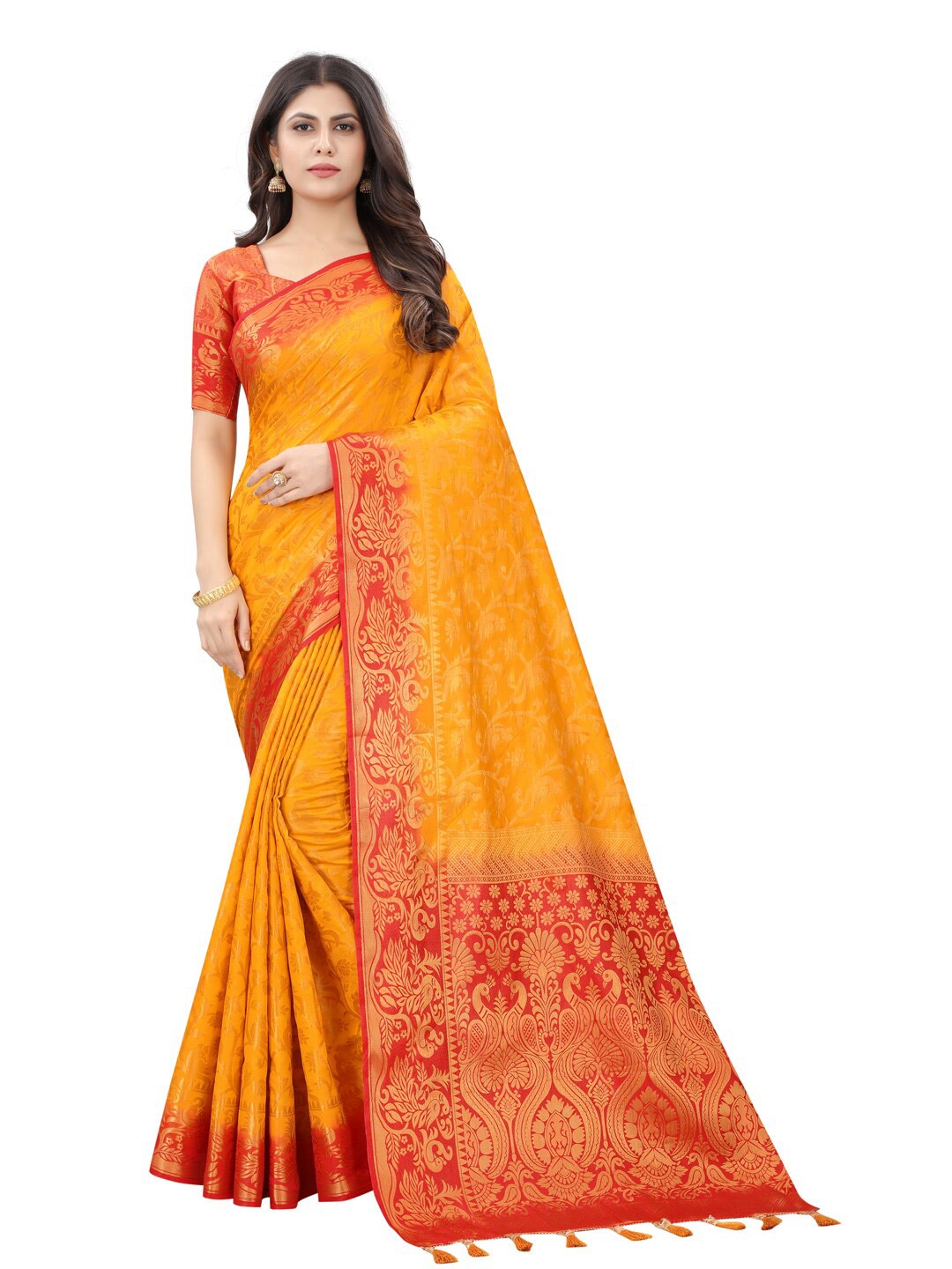 

PERFECT WEAR Yellow & Red Woven Design Silk Cotton Saree