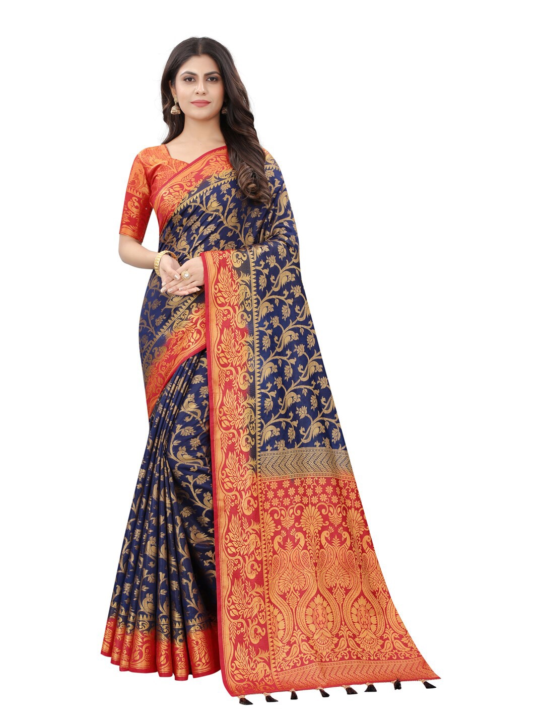 

PERFECT WEAR Navy Blue & Red Woven Design Zari Silk Cotton Banarasi Saree