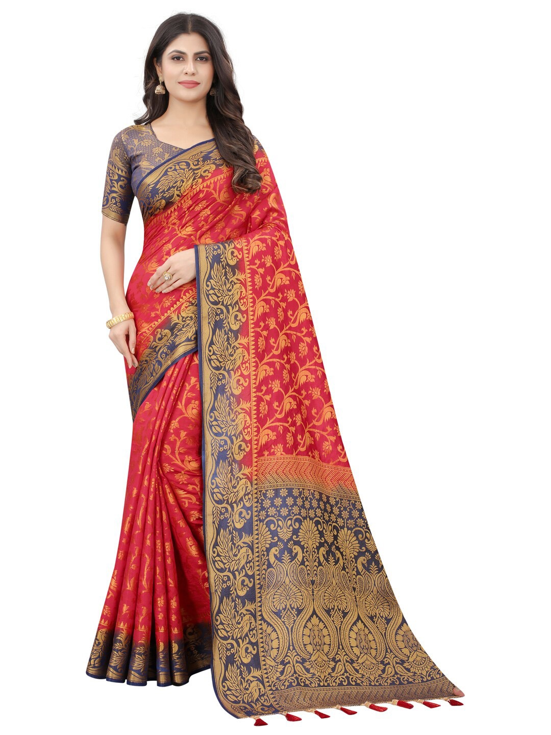 

PERFECT WEAR Red & Navy Blue Ethnic Motifs Zari Silk Cotton Banarasi Saree