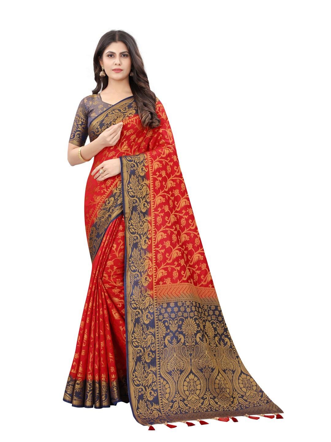 

PERFECT WEAR Red & Golden Ethnic Motifs Zari Silk Cotton Banarasi Saree